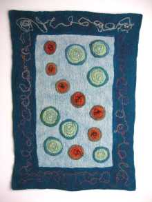 In the Garden 29" x 39" felted wool fiber, silk fabric, wool yarn